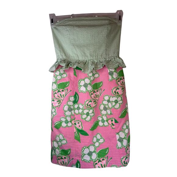 Adorable Lilly Pulitzer Strapless Seersucker Green and Pink Dress - Size 00 - Picture 3 of 16